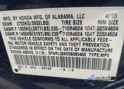 2005 Honda Odyssey Touring z USA, uszkodzony, nr VIN 5FNRL38805B089460